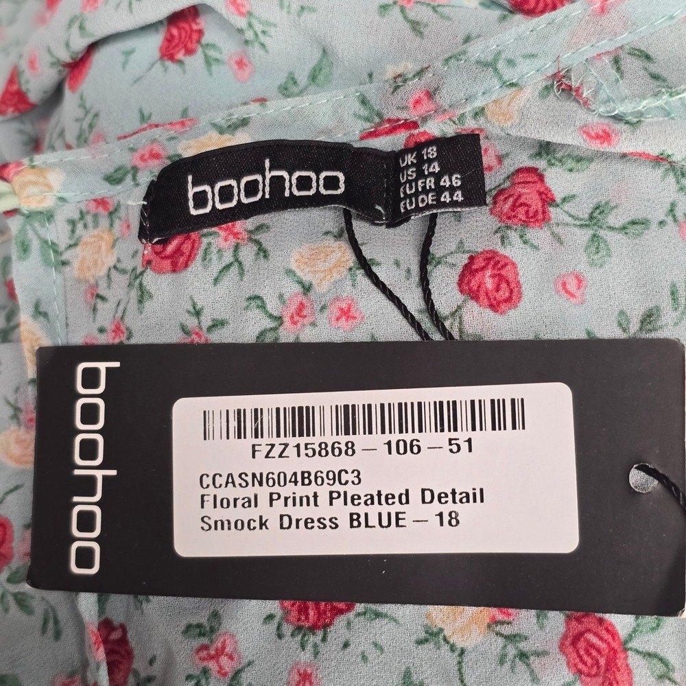 Boohoo Womens Blue Floral Pleated Smock Dress Bell‎ Sleeve NWT Sz 14 Cottagecore - Picture 7 of 14